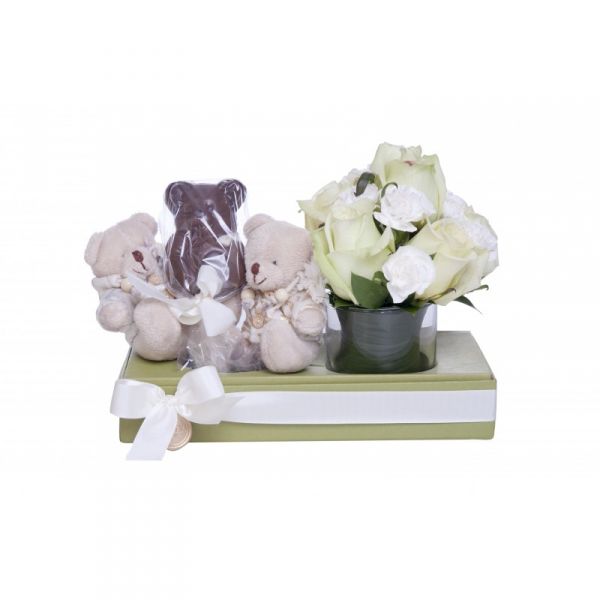 Caixa Verde com Rosa, Cravina, Urso de Pelúcia e Chocolate T