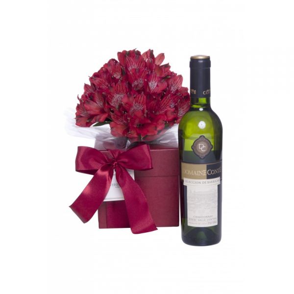 Caixa Vermelha com Alstroméria e Vinho (M)