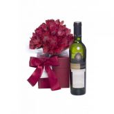 Caixa Vermelha com Alstroméria e Vinho (M)